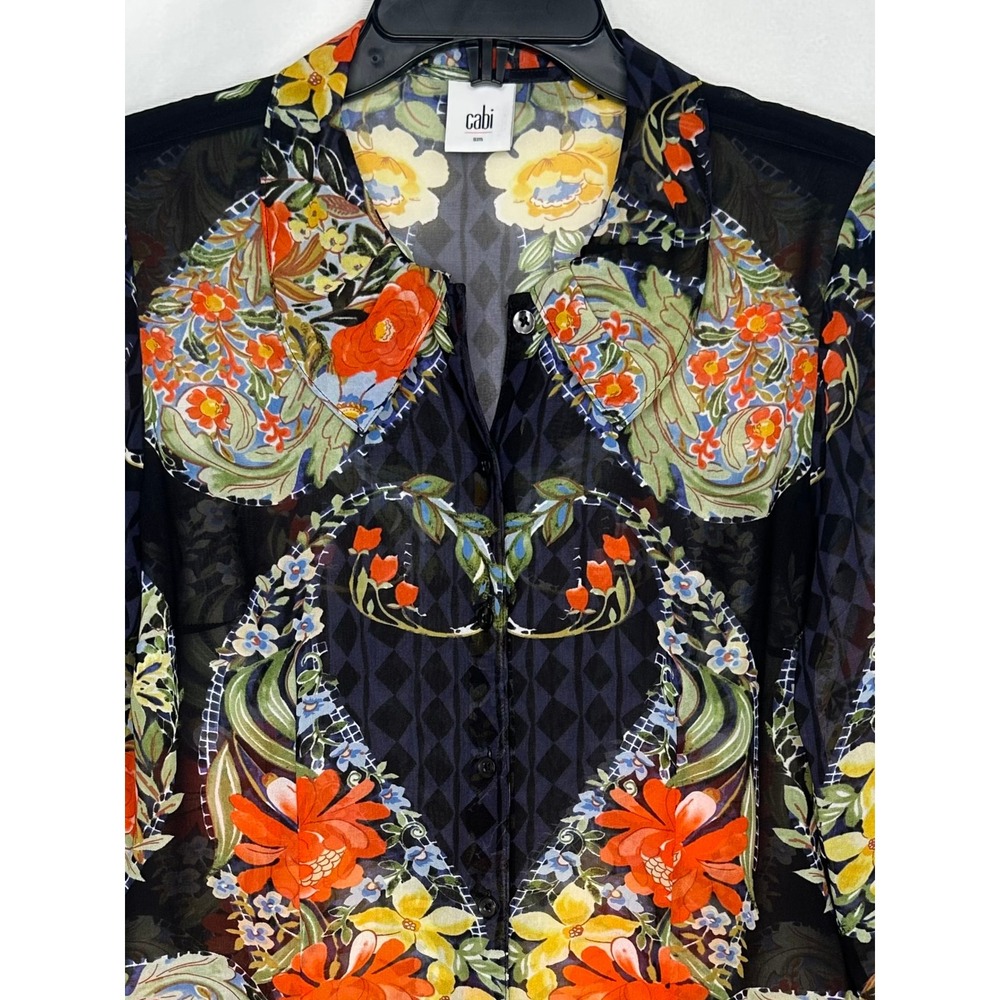 Cabi Amour Floral Diamond Print Sheer Blouse Multicolor Button Front Top Sz S - Picture 7 of 8